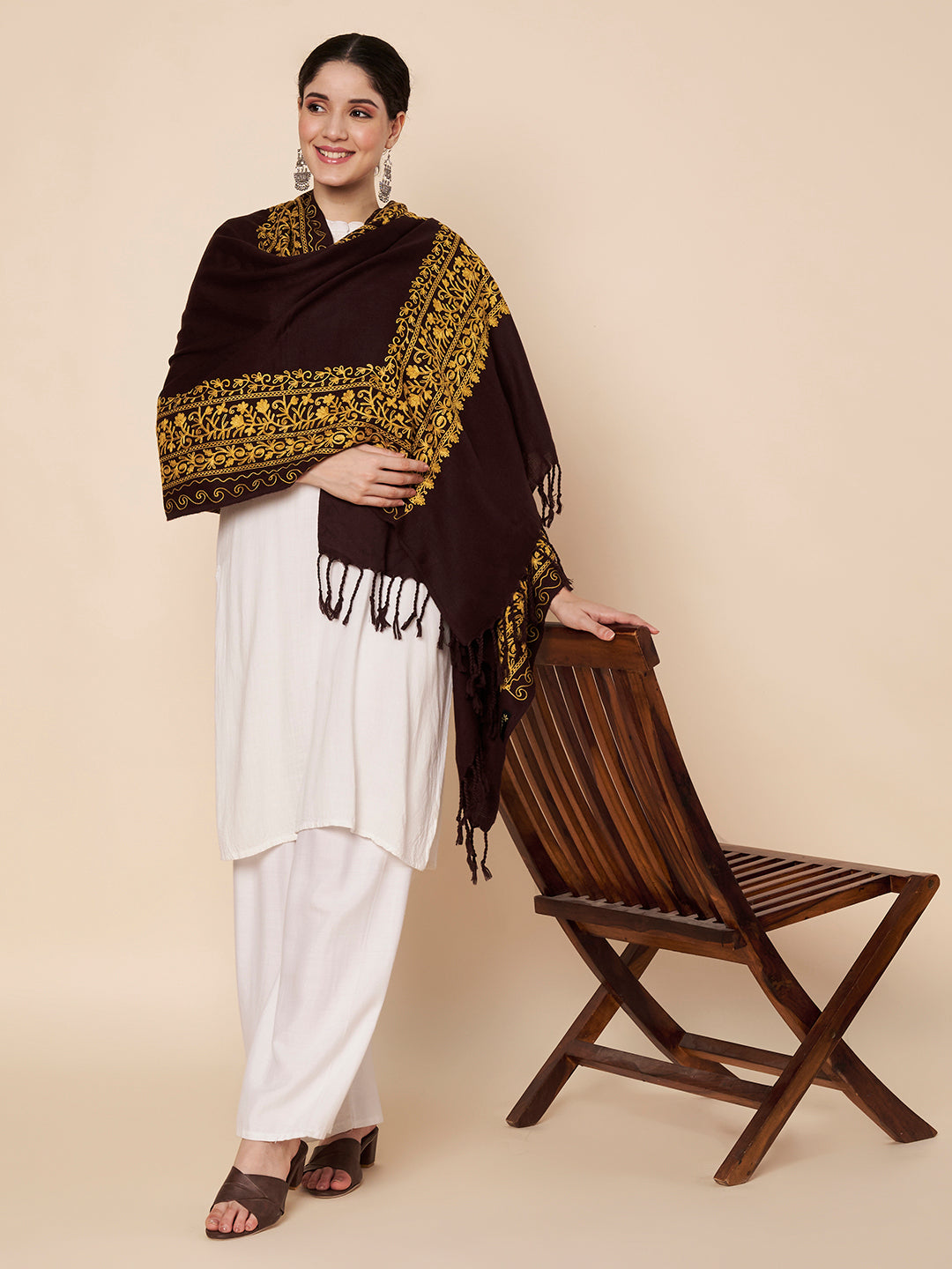 Floral Kashmiri Embroidery Warm Stole with Fringed Border | Coffee Brown