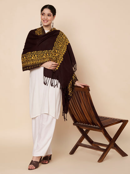 Floral Kashmiri Embroidery Warm Stole with Fringed Border | Coffee Brown