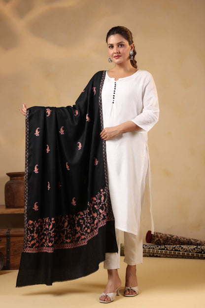 Sozni Floral Embroidery Kashmiri Shawl | Black