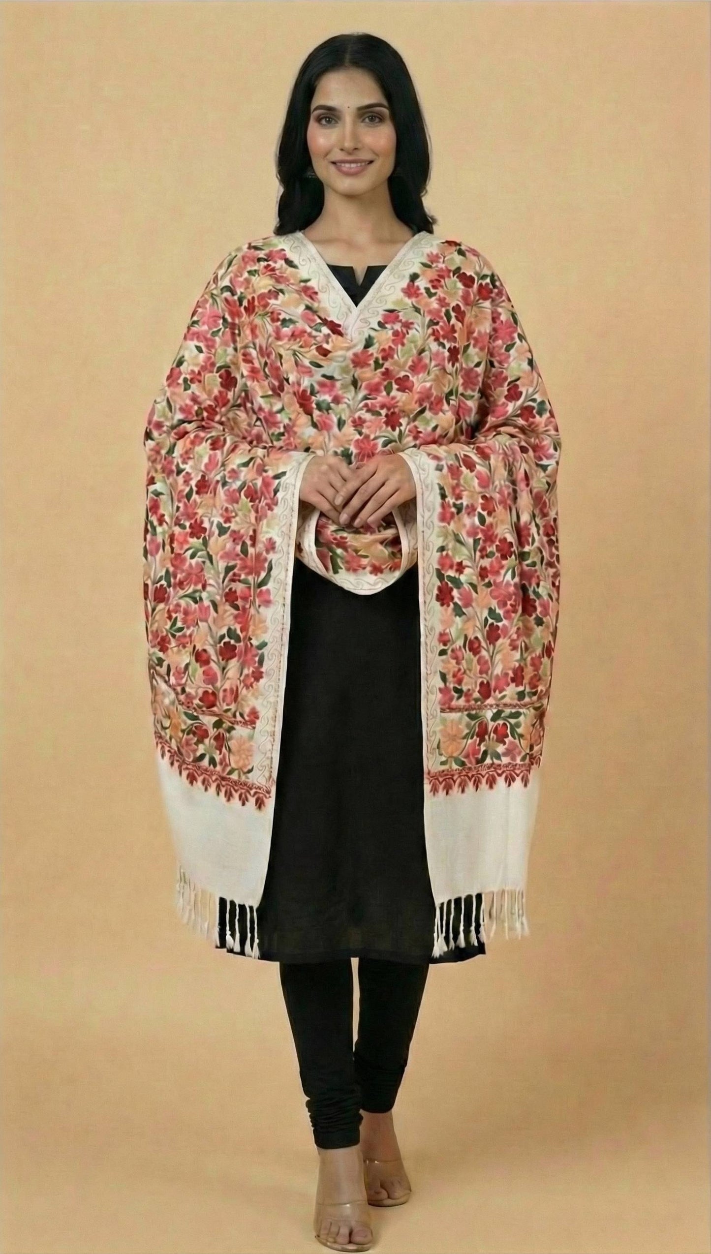 Kashmiri Aari Embroidery Woollen Stole for Women | White - view 3