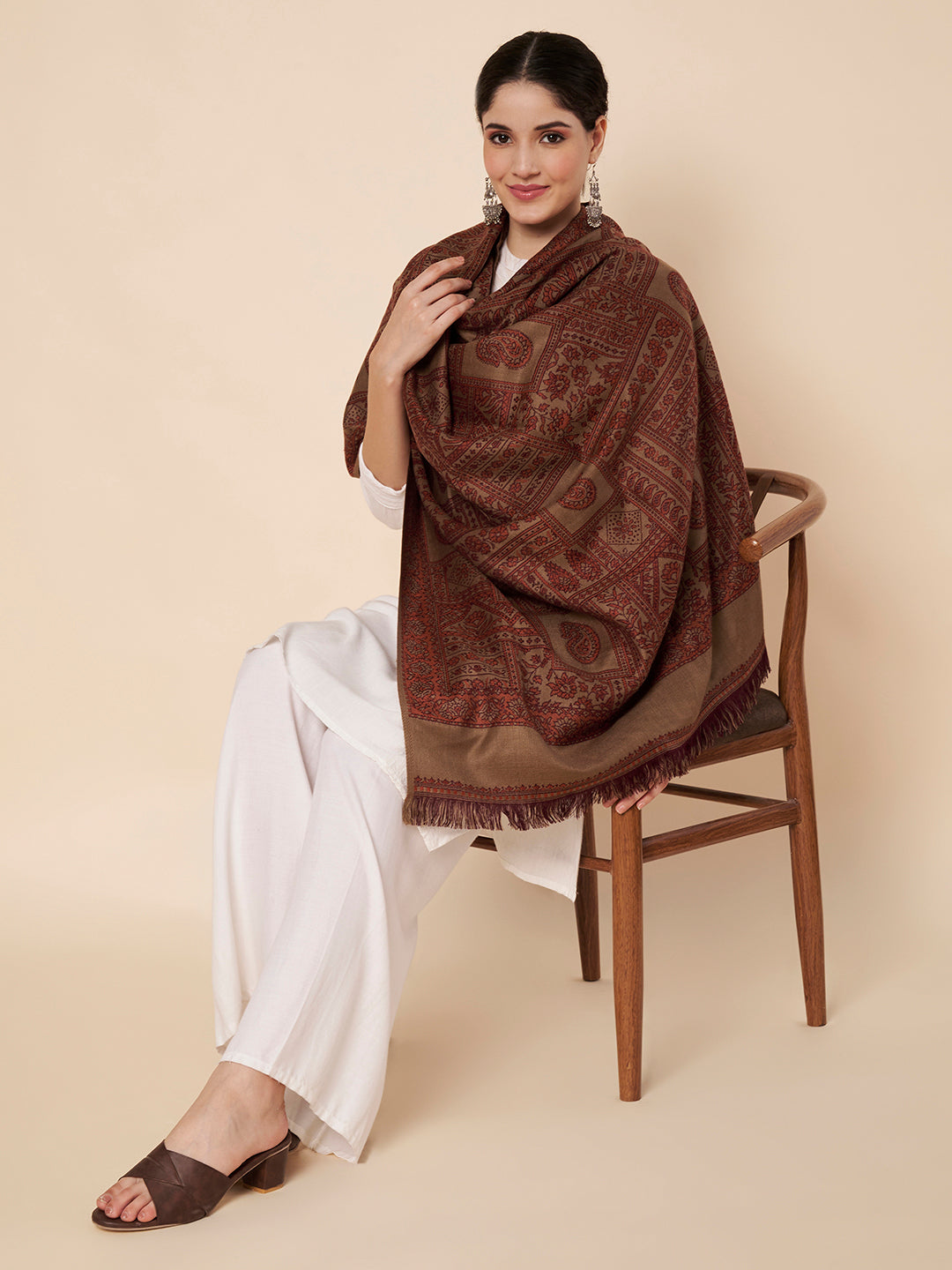 Woollen Kani Shawl with Intricate Kashmiri Paisley & Floral Woven Design | Brown