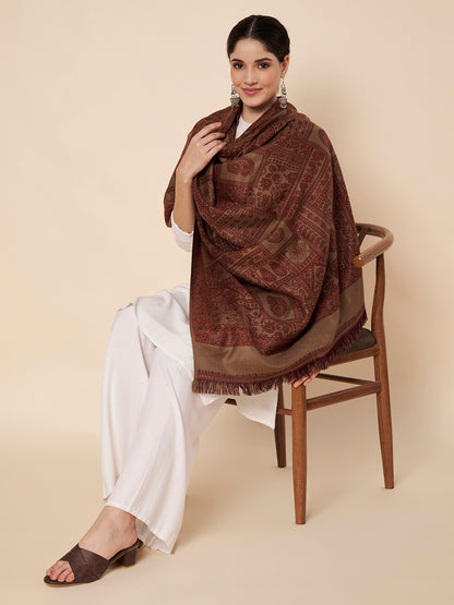 Woollen Kani Shawl with Intricate Kashmiri Paisley & Floral Woven Design | Brown