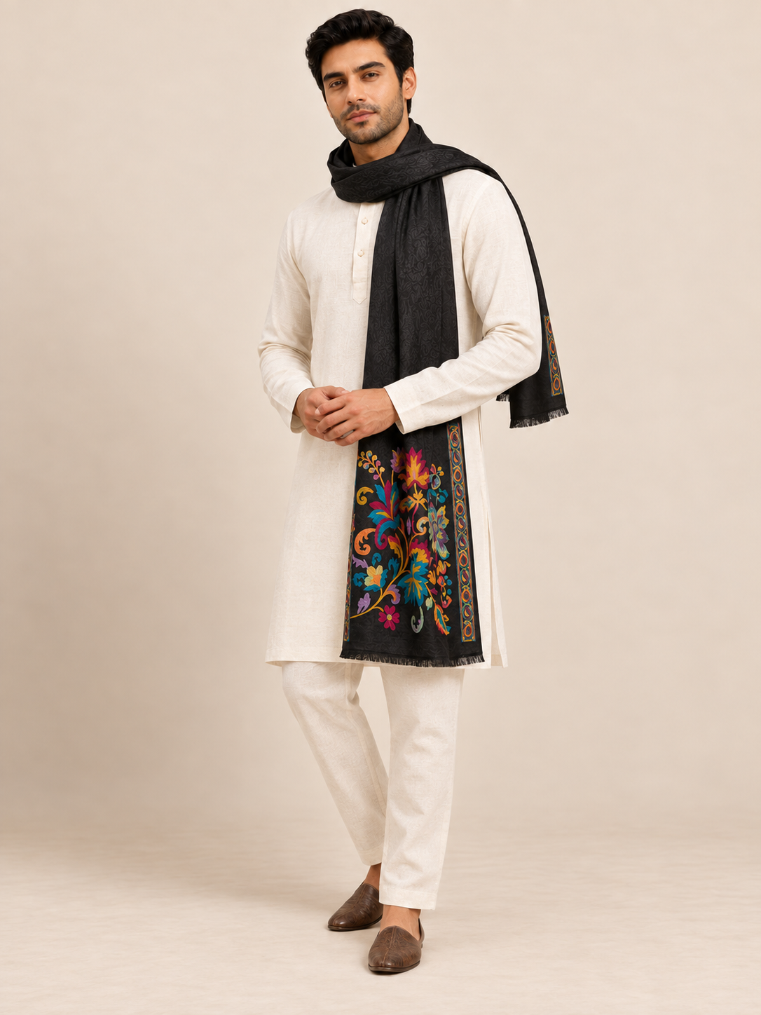 Kani Floral Patterns Cutting Weave Stole for Men | Black - view 3
