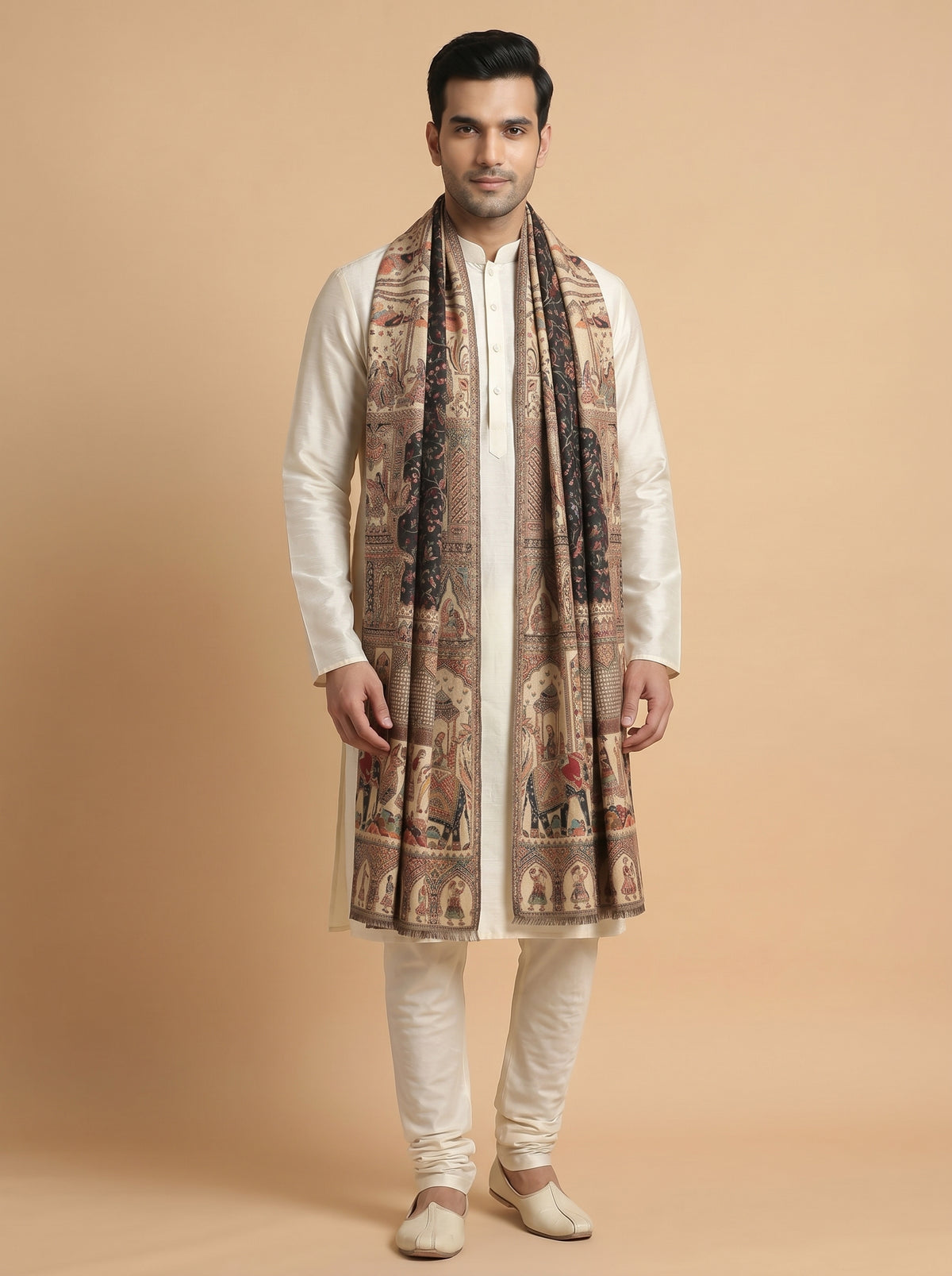 Kani Weave Woven Shawl for Men in Royal Mughal Patterns | Black