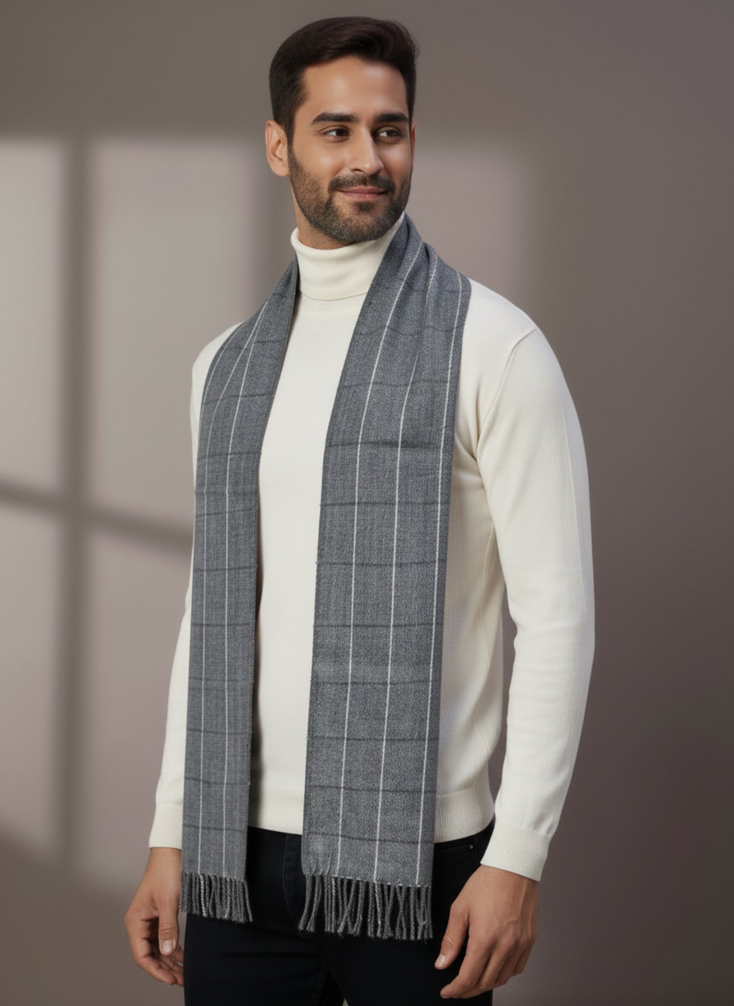 Soft Woollen Muffler for Men | Grey Check Scarf