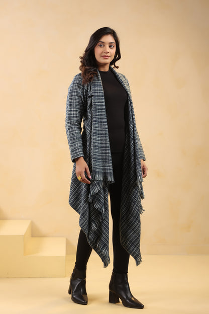 Women's Full Sleeve Woolen Checkered Shrug Cardigan | Grey Black