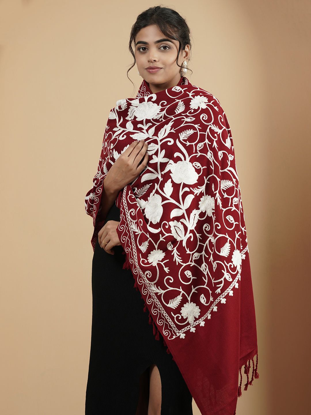 Floral Kashmiri Jaal Embroidery Warm Stole with Fringed Border | Maroon