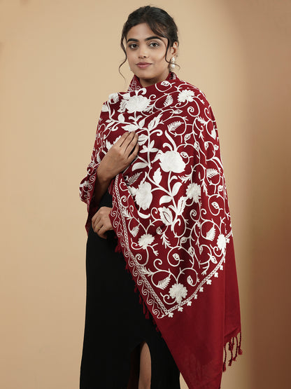 Floral Kashmiri Jaal Embroidery Warm Stole with Fringed Border | Maroon
