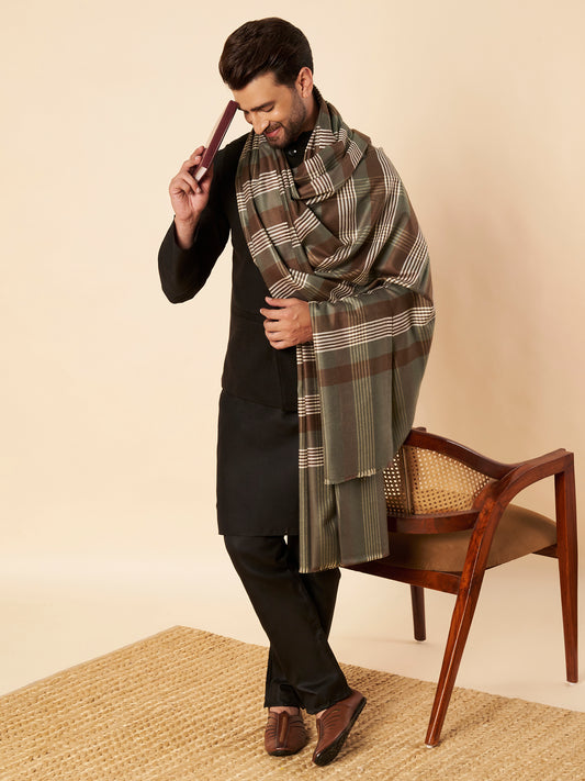 Men's Woollen Lohi Shawl | Grey Brown Stripe Check