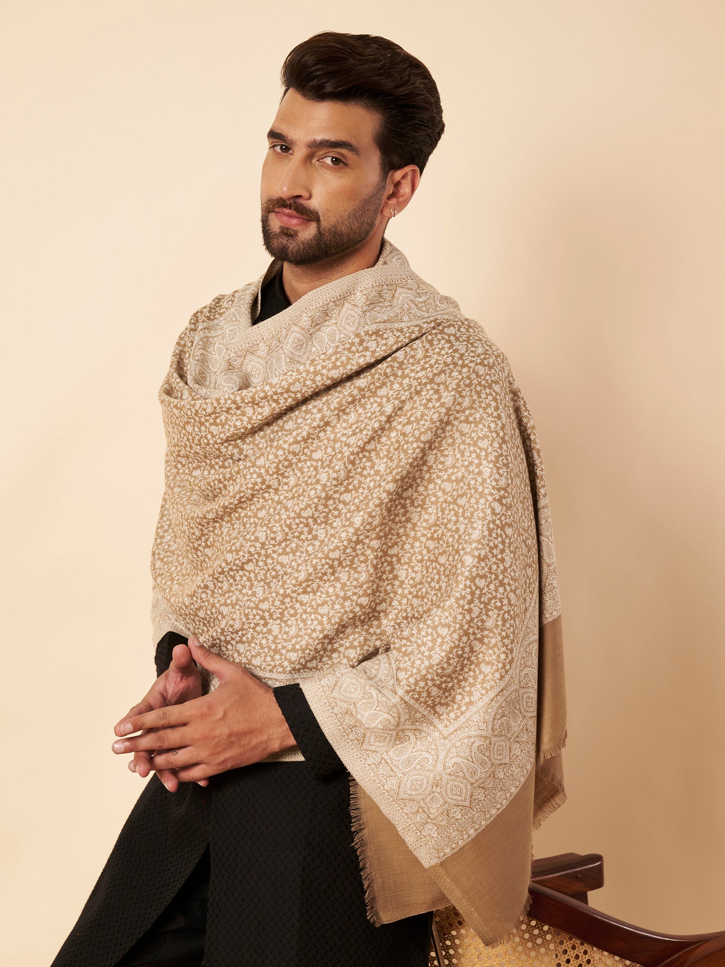 Floral All-over Kani Weave Woolen Stole with Paisley Border | Beige