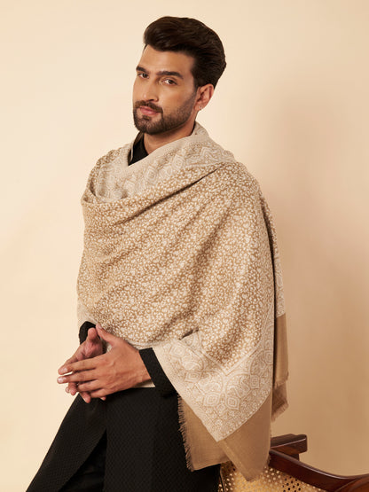 Floral All-over Kani Weave Woolen Stole with Paisley Border | Beige