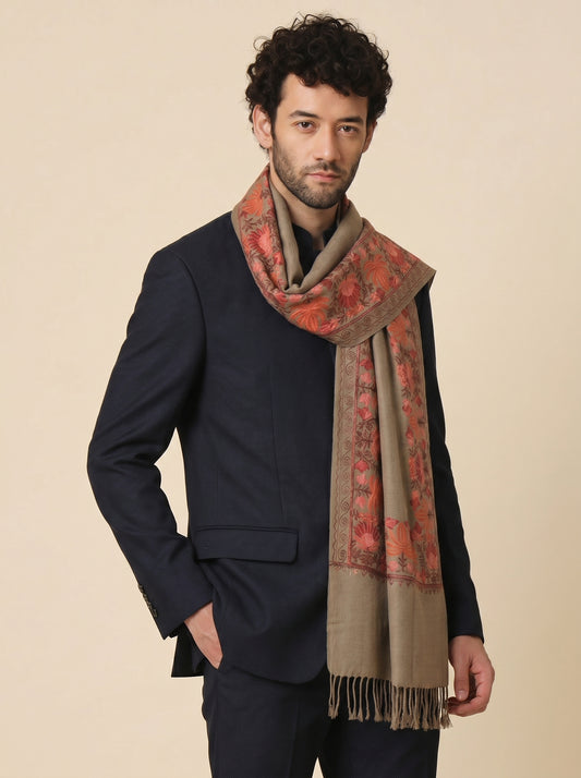 Kashmiri Aari Embroidery Woollen Stole for Men | Brown