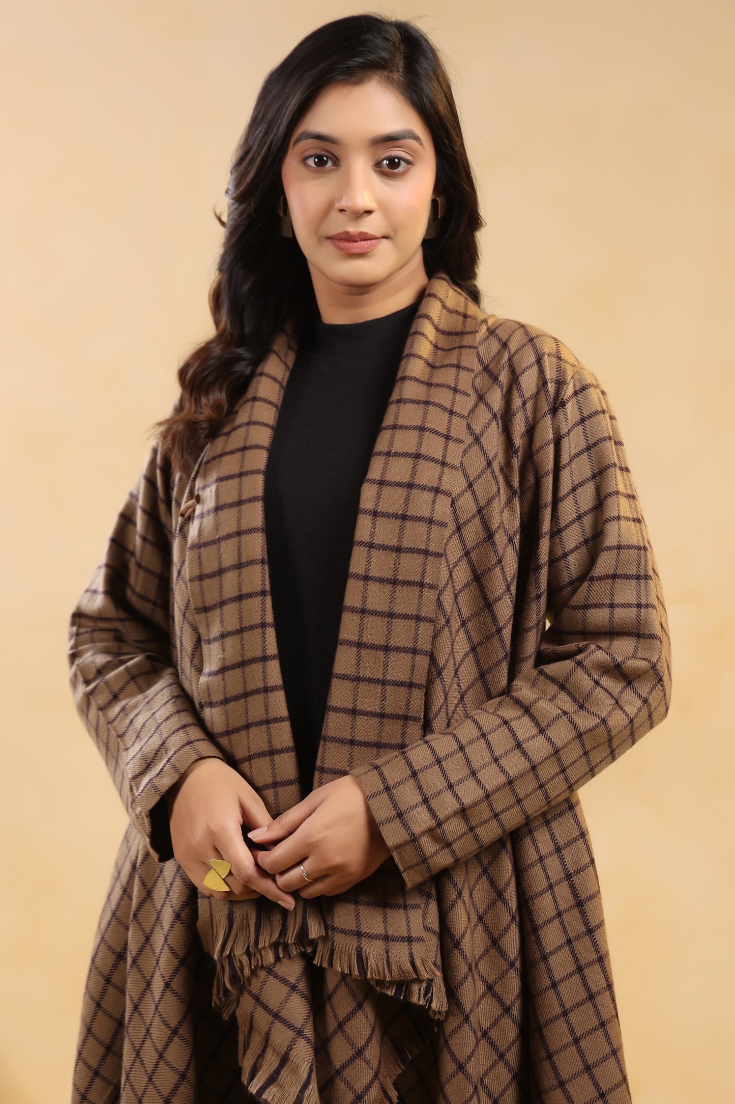 Women's Full Sleeve Woolen Checkered Shrug Cardigan | Brown Check