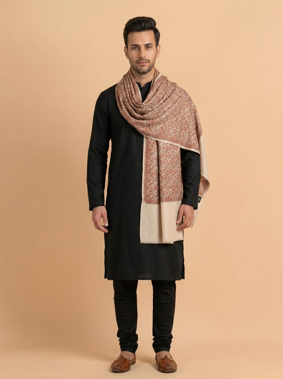 Kashmiri Sozni Jaal Embroidery Shawl for Men | Beige - view 4