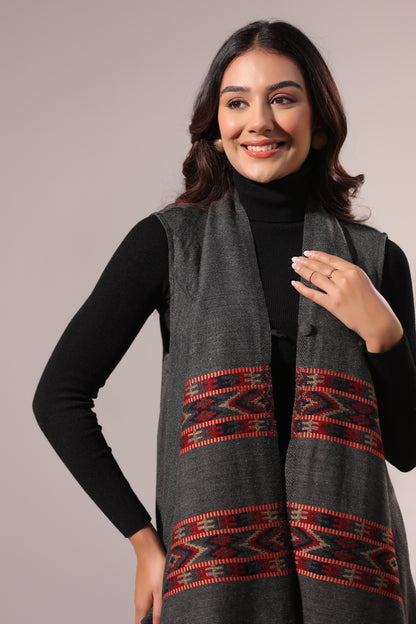 Women's Sleeveless Kullu Pattern Shrug Cardigan | Grey