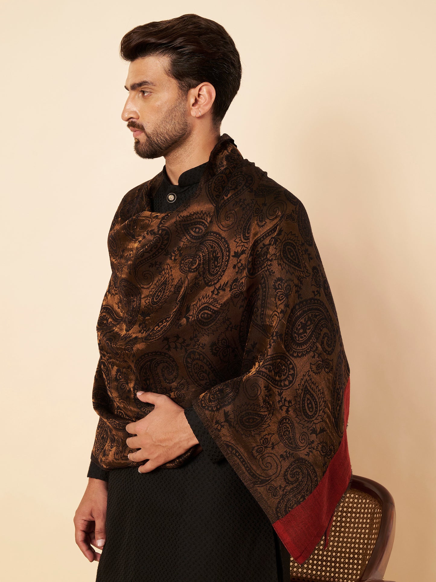 Fine Wool Black Zari Design Stole with Red Border