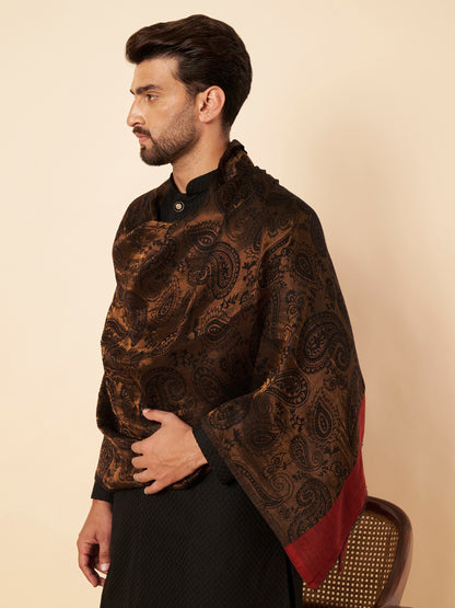 Fine Wool Black Zari Design Stole with Red Border