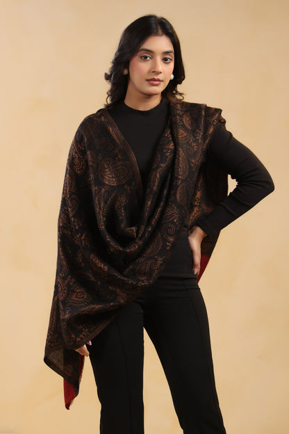 Fine Wool Black Zari Design Stole with Red Border