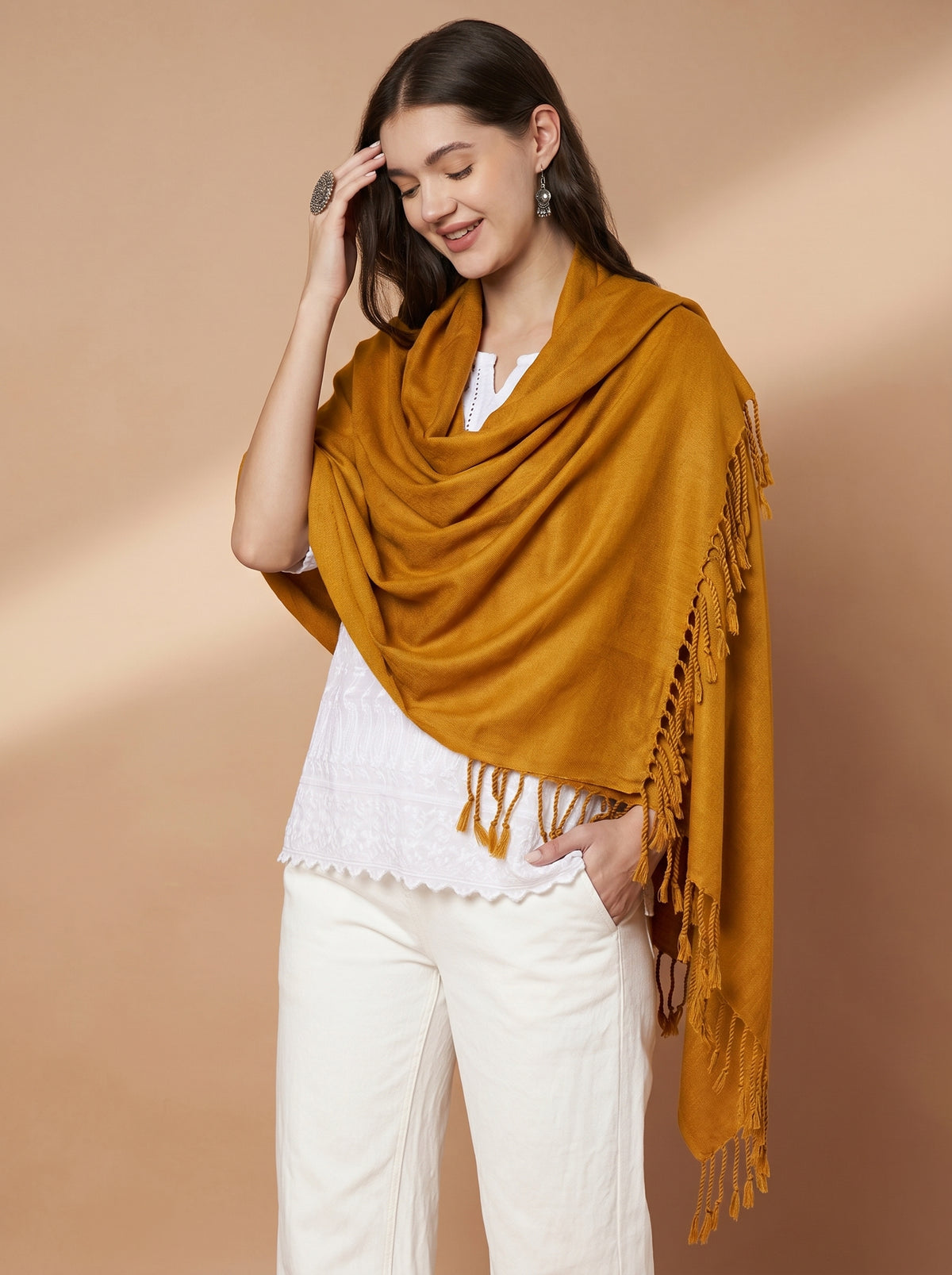 Plain Mustard Woolen Stole for Women | Mustard - view 2