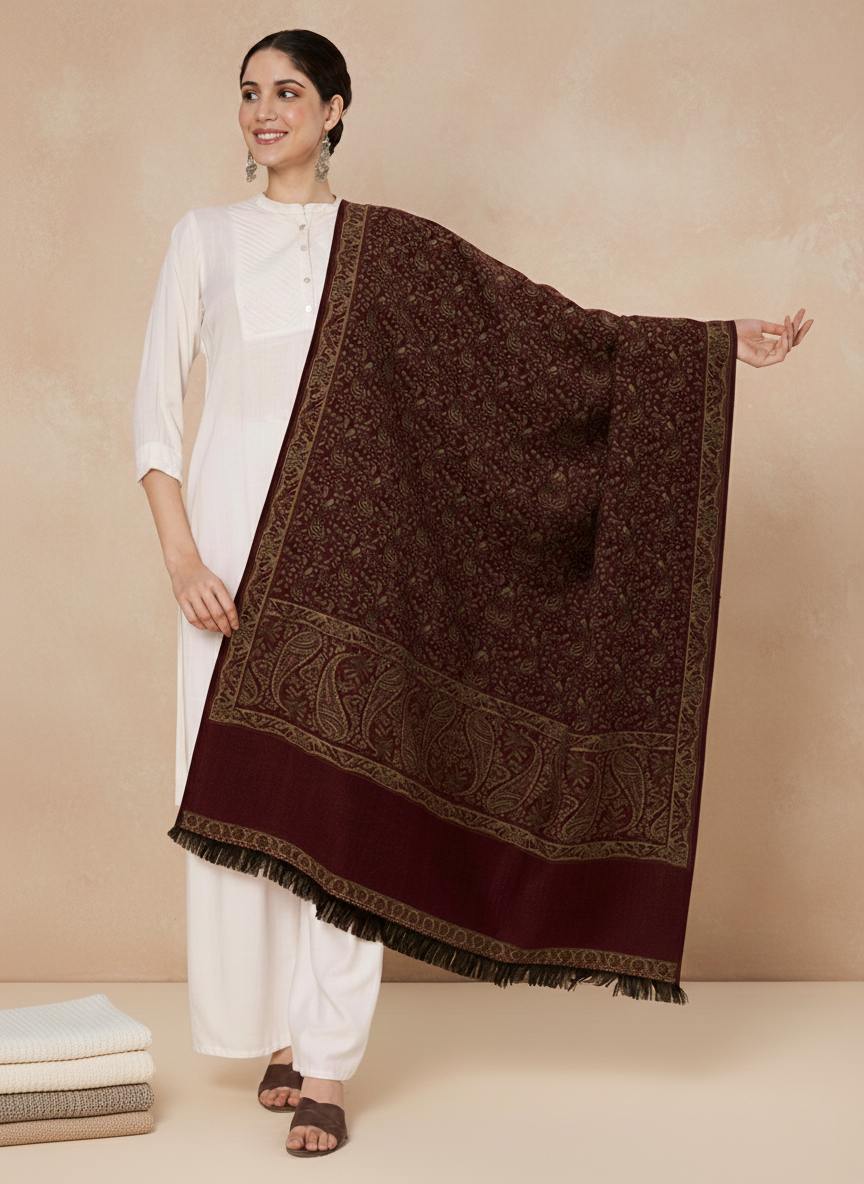 Woollen Kani Shawl with Intricate Kashmiri Paisley & Floral Woven Design | Maroon