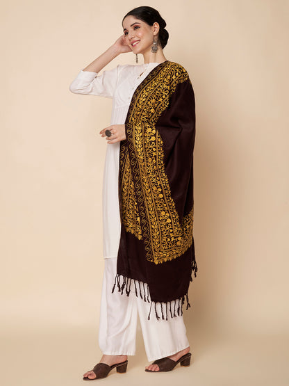 Floral Kashmiri Embroidery Warm Stole with Fringed Border | Coffee Brown