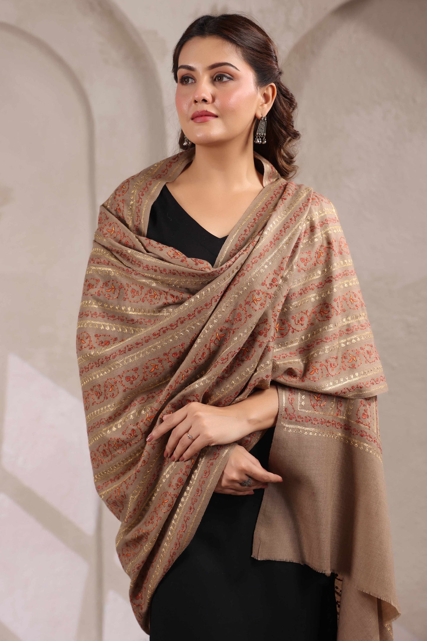 Sozni Zari Embroidery Kashmiri Shawl | Beige