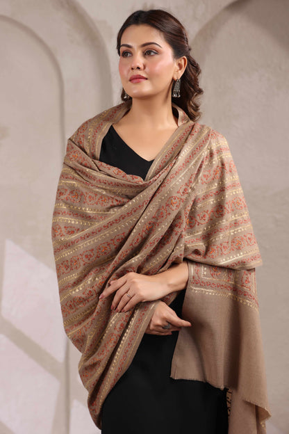 Sozni Zari Embroidery Kashmiri Shawl | Beige