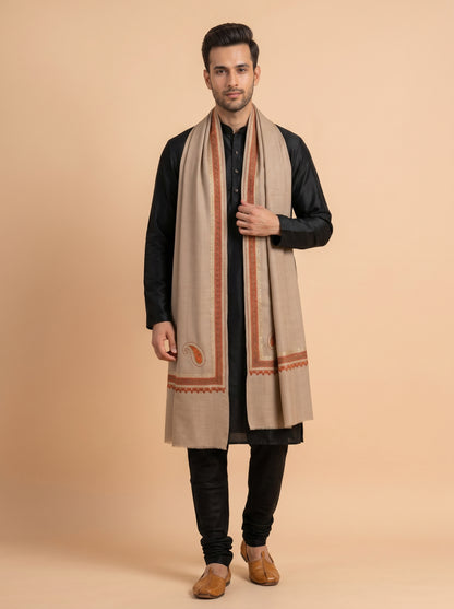 Kashmiri Sozni Zari Embroidery Shawl for Men | Beige - view 4