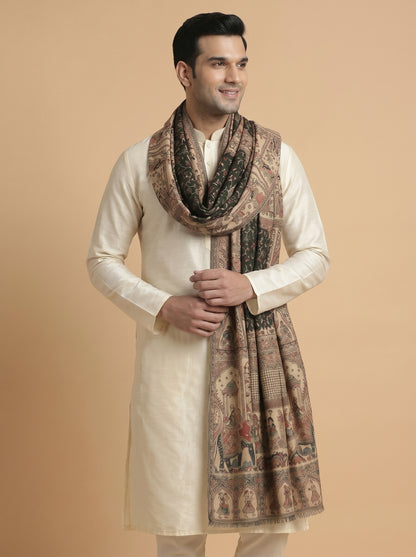 Kani Weave Woven Shawl for Men in Royal Mughal Patterns | Black - view 2