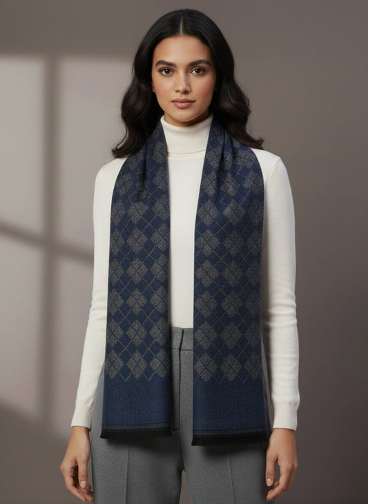 Soft Woollen Muffler for Women | Blue Grey Check Scarf