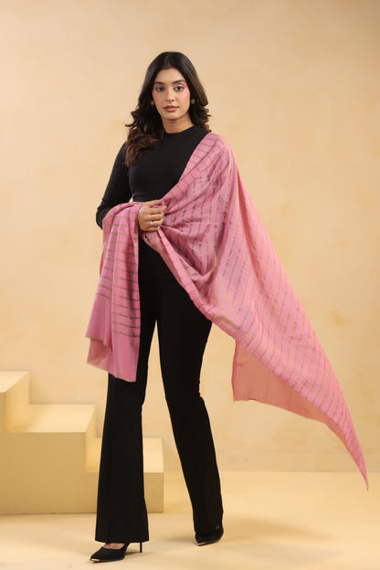 Fine Wool Horizontal Zari Stripes Stole | Pink