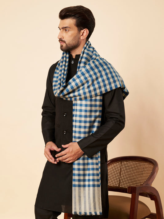 Men's Woollen Lohi Shawl | Blue Grey Check