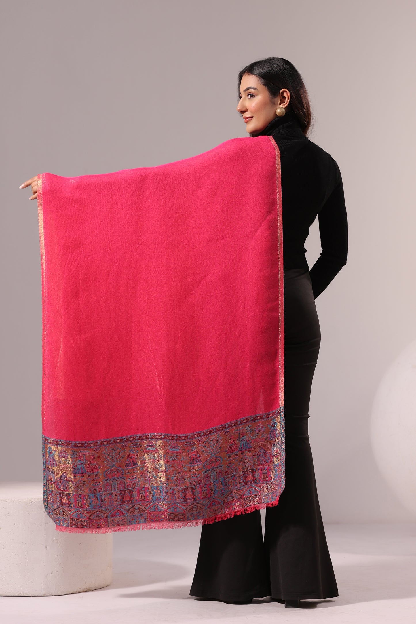 Women’s Premium Kani Woven Shawl with Zari Sheen | Pink Orange