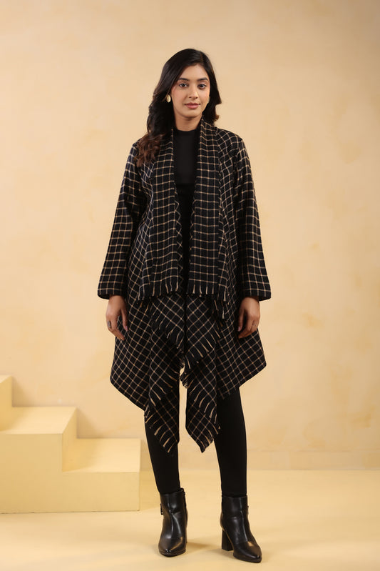 Women's Full Sleeve Woolen Checkered Shrug Cardigan | Black Check