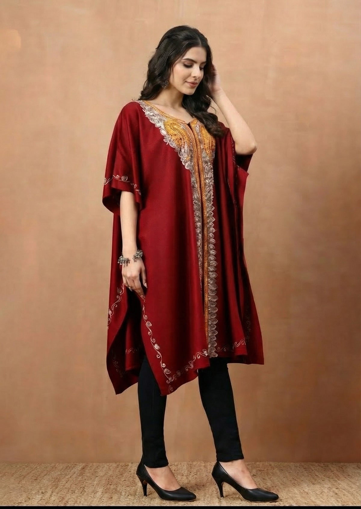Aari Paisley Embroidery Maroon Pheran Shrug - view 3