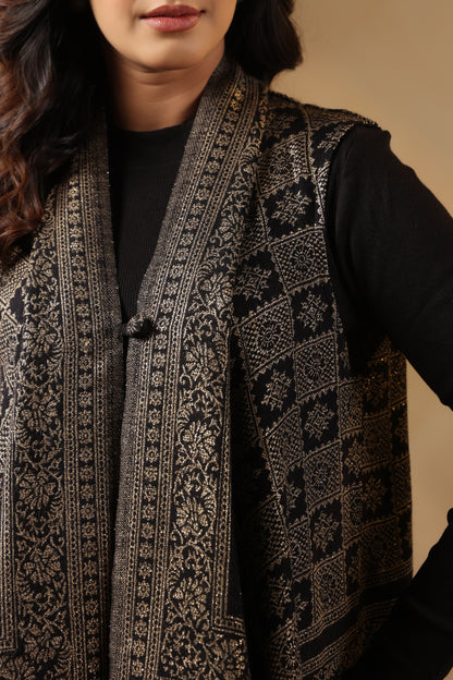 Women's Sleeveless Zari Patterned Shrug Cardigan | Black