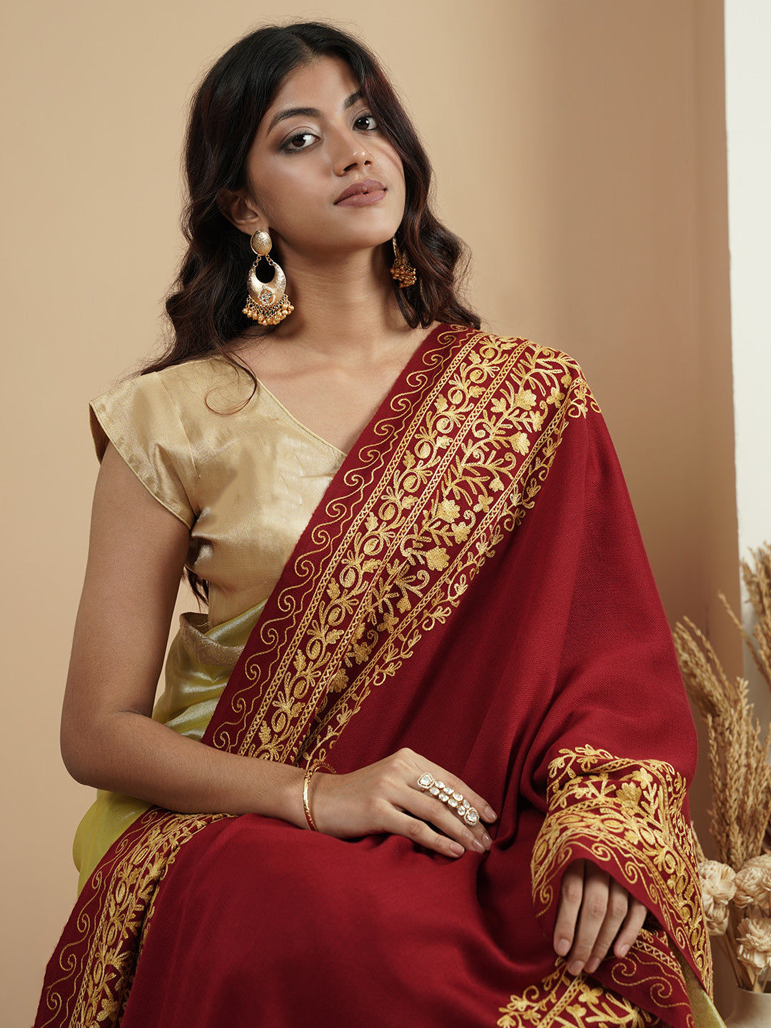 Floral Kashmiri Embroidery Warm Stole with Fringed Border | Red - view 3