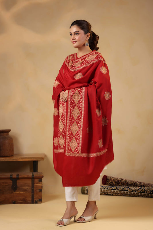 Kashmiri Sozni Floral Embroidery Shawl | Red