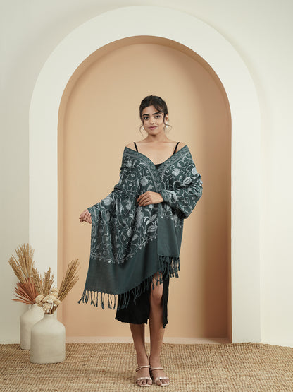 Floral Kashmiri Jaal Embroidery Warm Stole with Fringed Border | Grey