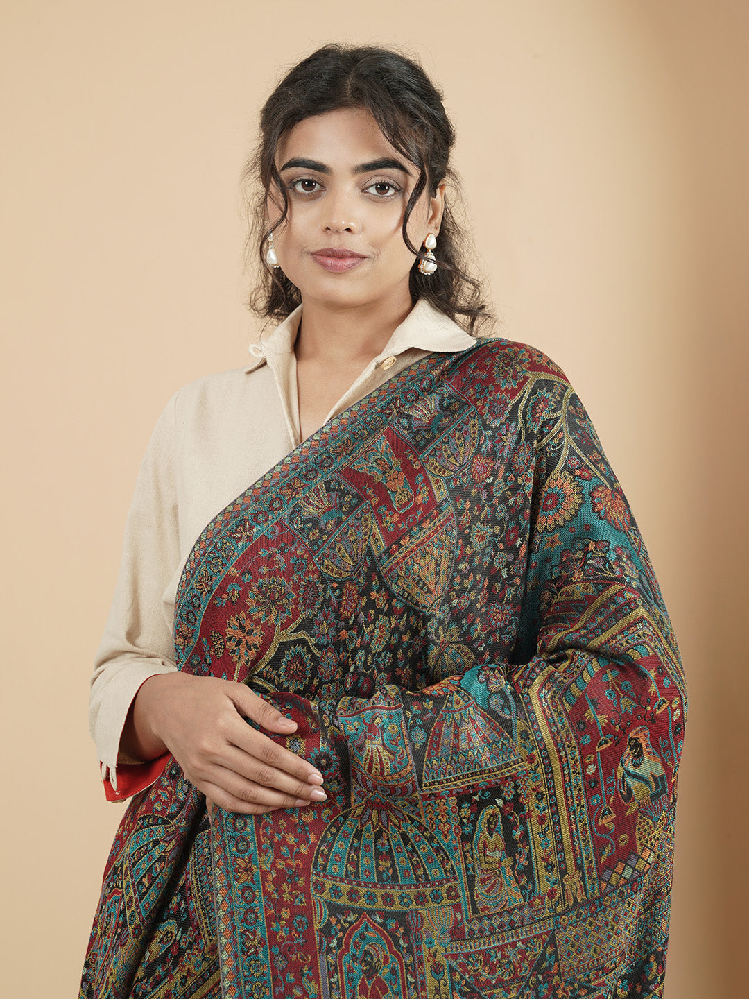 Kani Darbar Weave Soft Woolen Stole for Women | Black