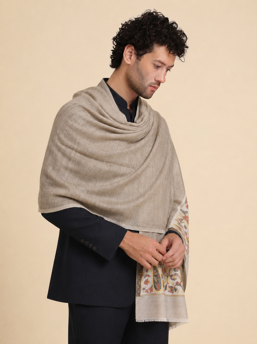 Ultra Soft Fine-Wool Kani Woven Stole for Men | Taupe - view 4