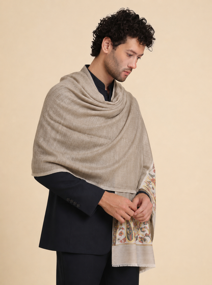 Ultra Soft Fine-Wool Kani Woven Stole for Men | Taupe - view 4