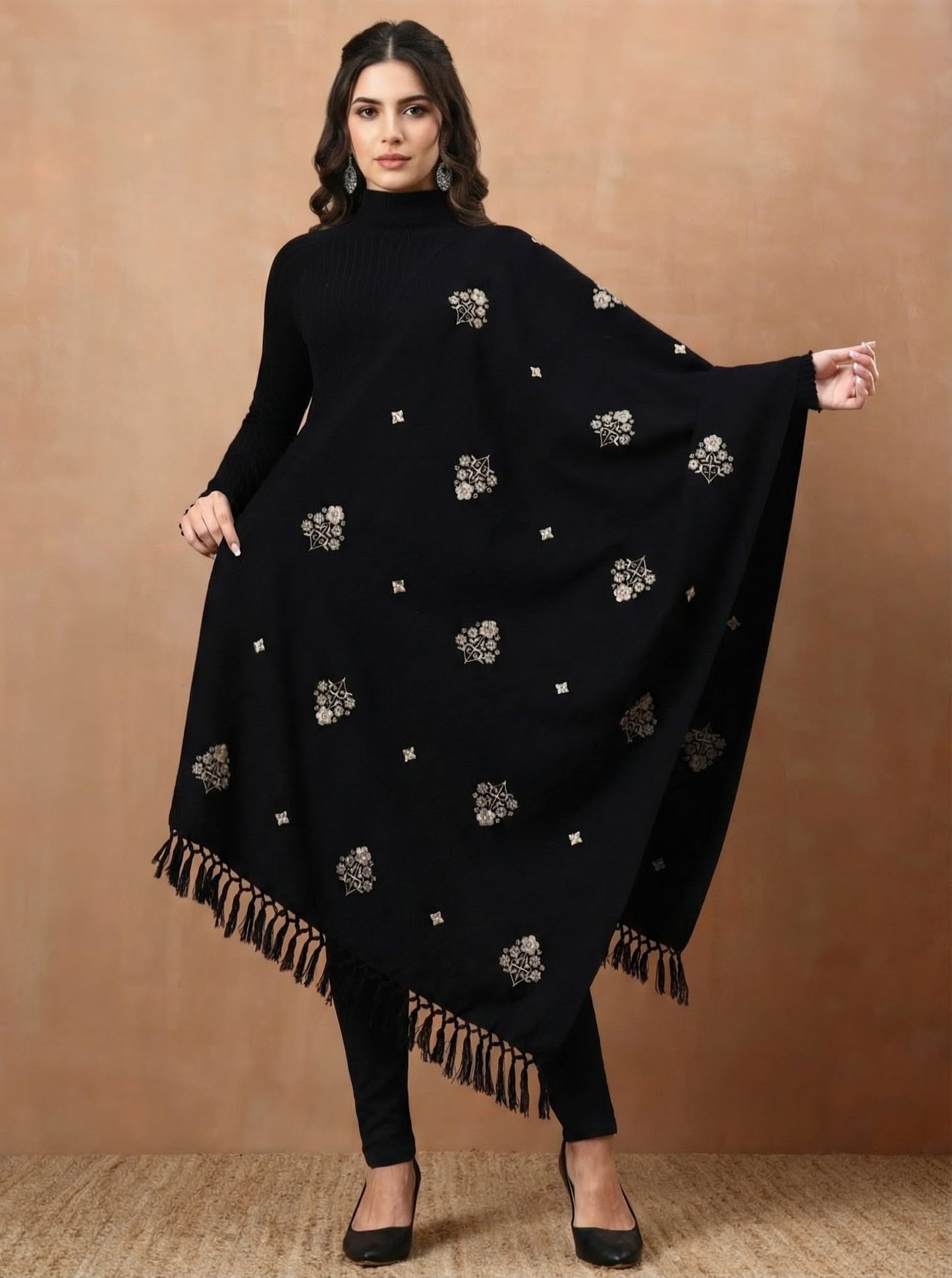 Woolen Embroidered Stole for Women | Black