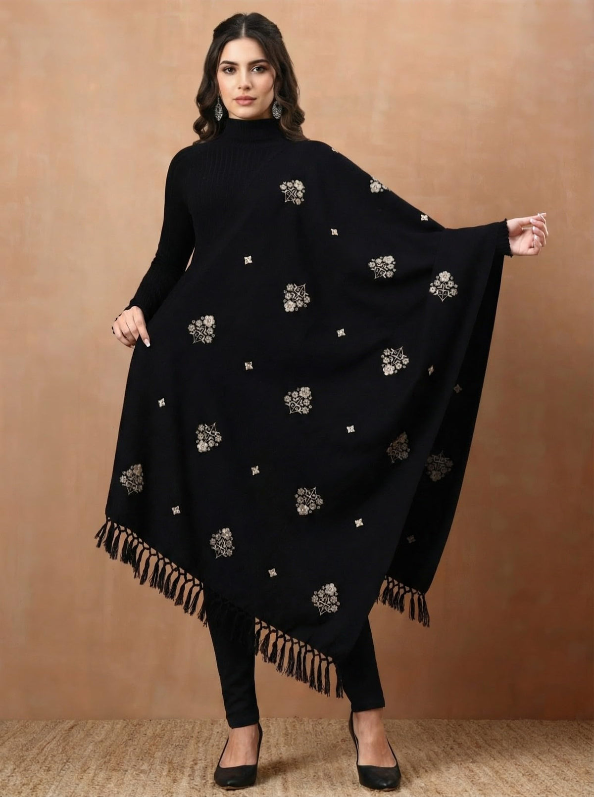 Woolen Embroidered Stole for Women | Black