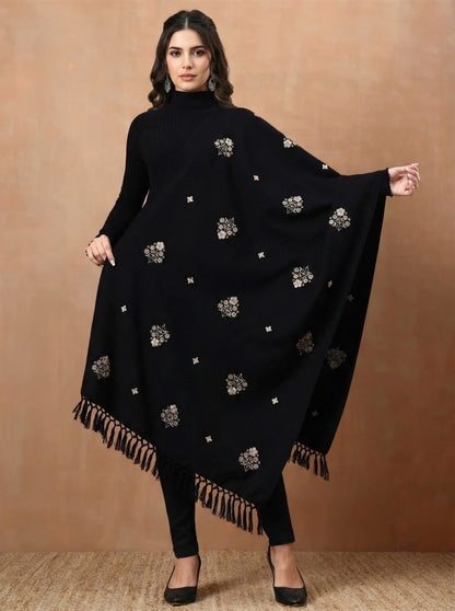 Woolen Embroidered Stole for Women | Black