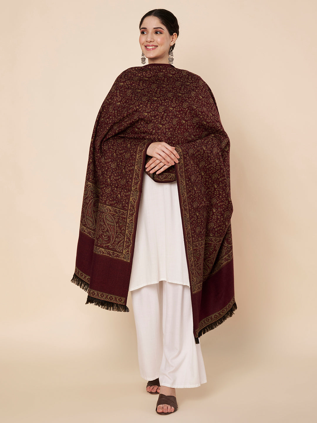 Woollen Kani Shawl with Intricate Kashmiri Paisley & Floral Woven Design | Maroon