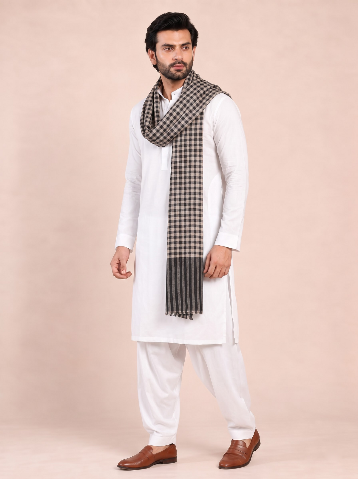 Pure Wool Woven Checks Soft Touch Stole for Men | Black - view 3