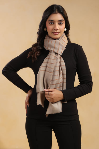 Fine Wool Horizontal Zari Stripes Stole | Beige