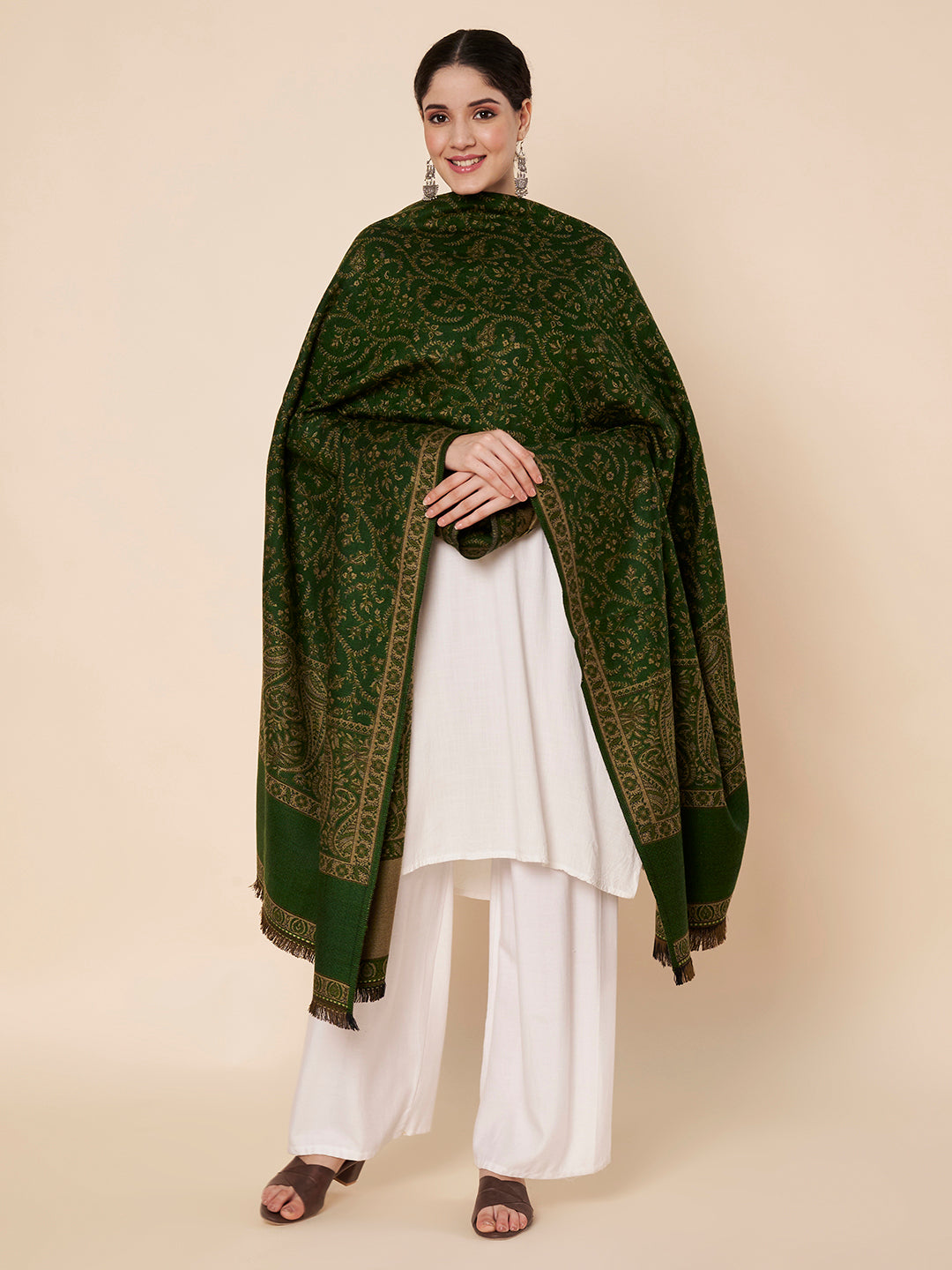 Woollen Kani Shawl with Intricate Kashmiri Paisley & Floral Woven Design | Green