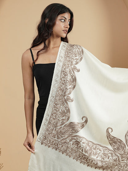 Floral Kashmiri Aari Embroidery Warm Stole with Fringed Border | White